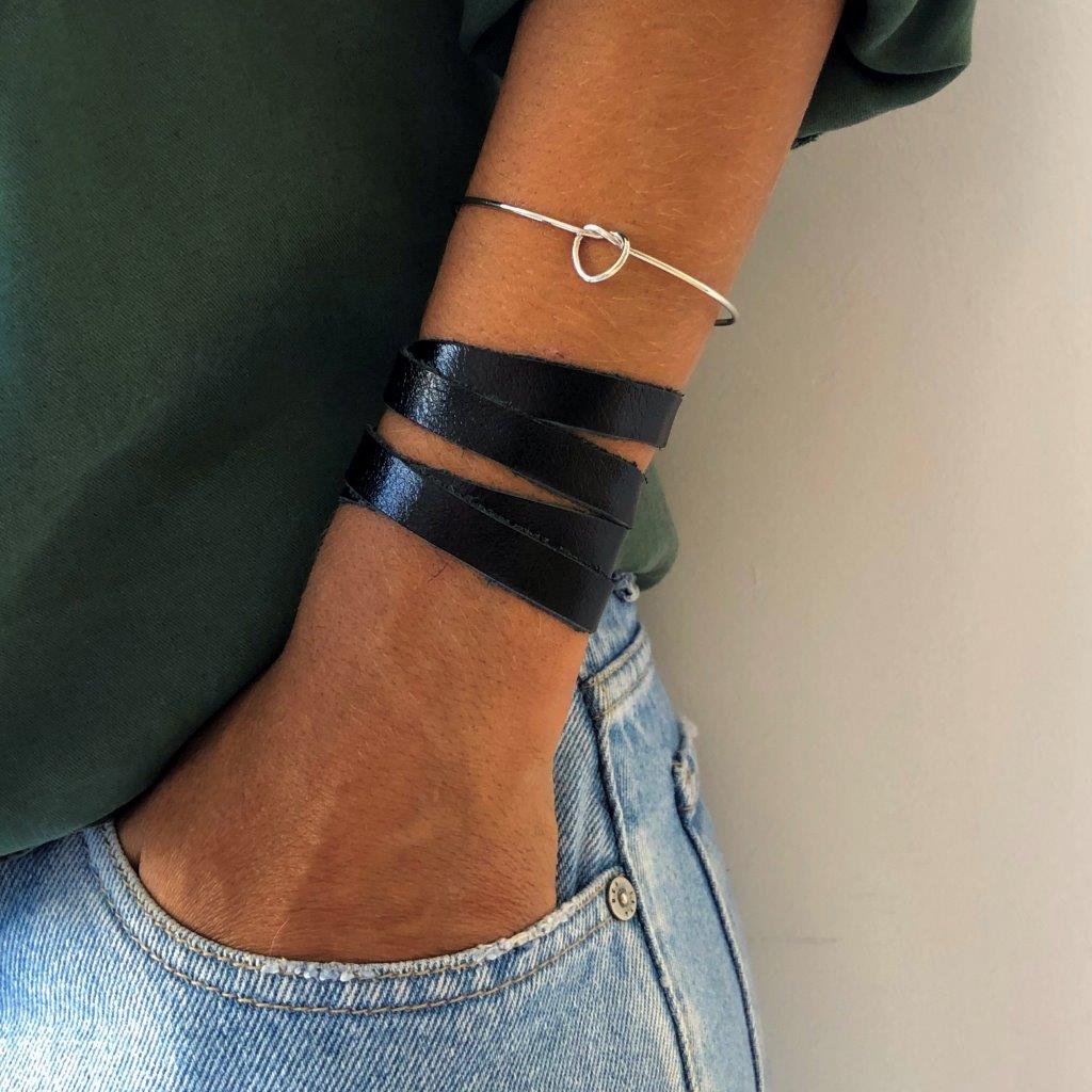 Pulseira Couro Natural Voltas Preta