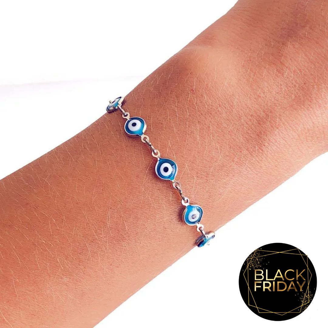 Pulseira Fina Olho Grego Azul Claro Prateada