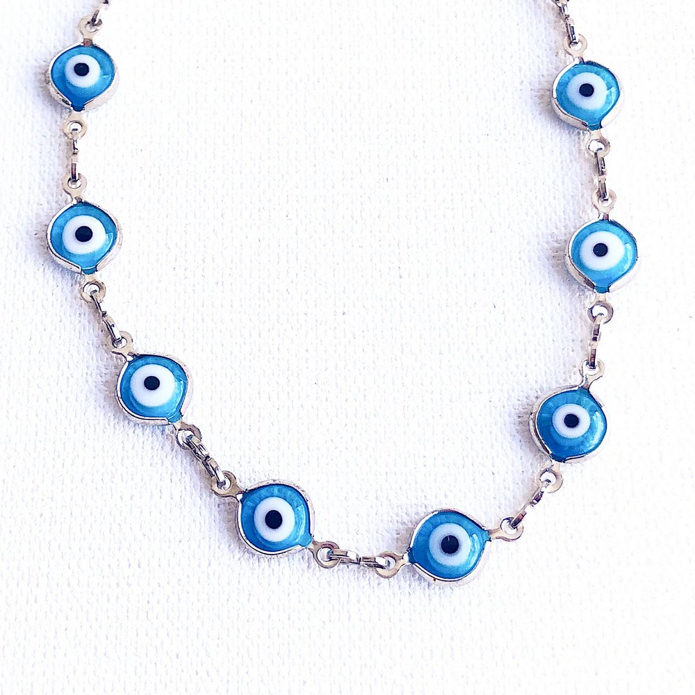Pulseira Fina Olho Grego Azul Claro Prateada