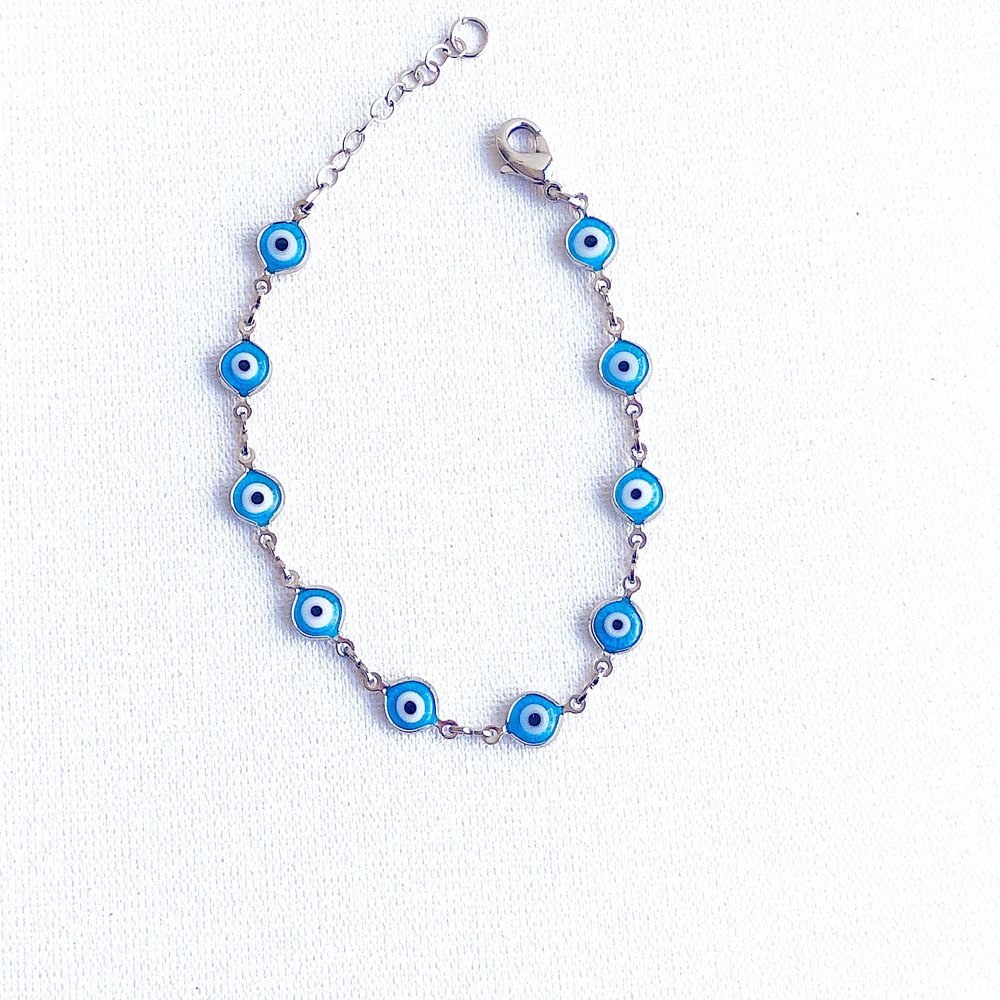 Pulseira Fina Olho Grego Azul Claro Prateada